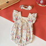 Baby girl cotton romper with headband, Roses design
