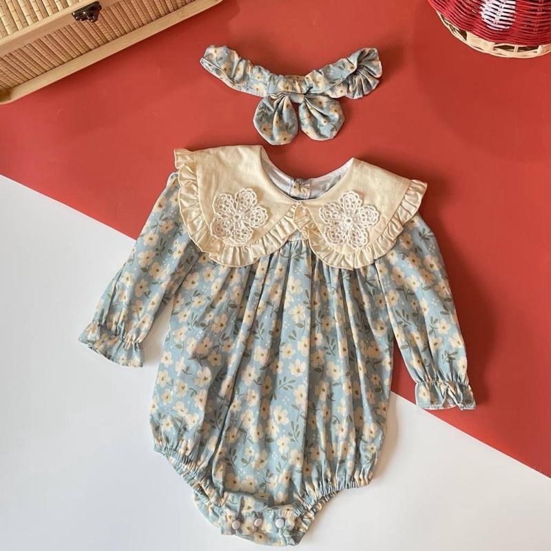 Baby girl cotton romper with headband, Mint Green Daisy design
