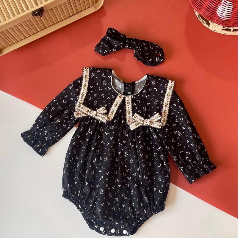 Baby girl cotton romper with headband, Black Floral design