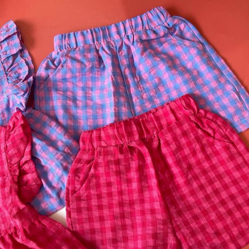 Baby girl plaid sleeveless pants set in purple or pink, baju set budak perempuan