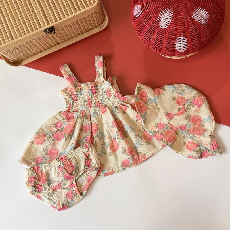Baby girl sleeveless 3-in-1 cotton floral dress set, dress baby perempuan