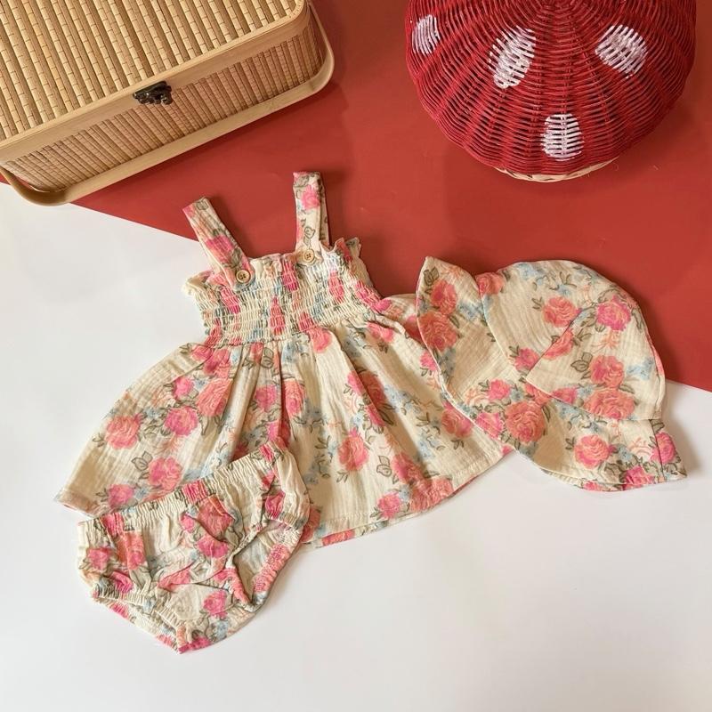 Baby girl sleeveless 3-in-1 cotton dress set, Roses design