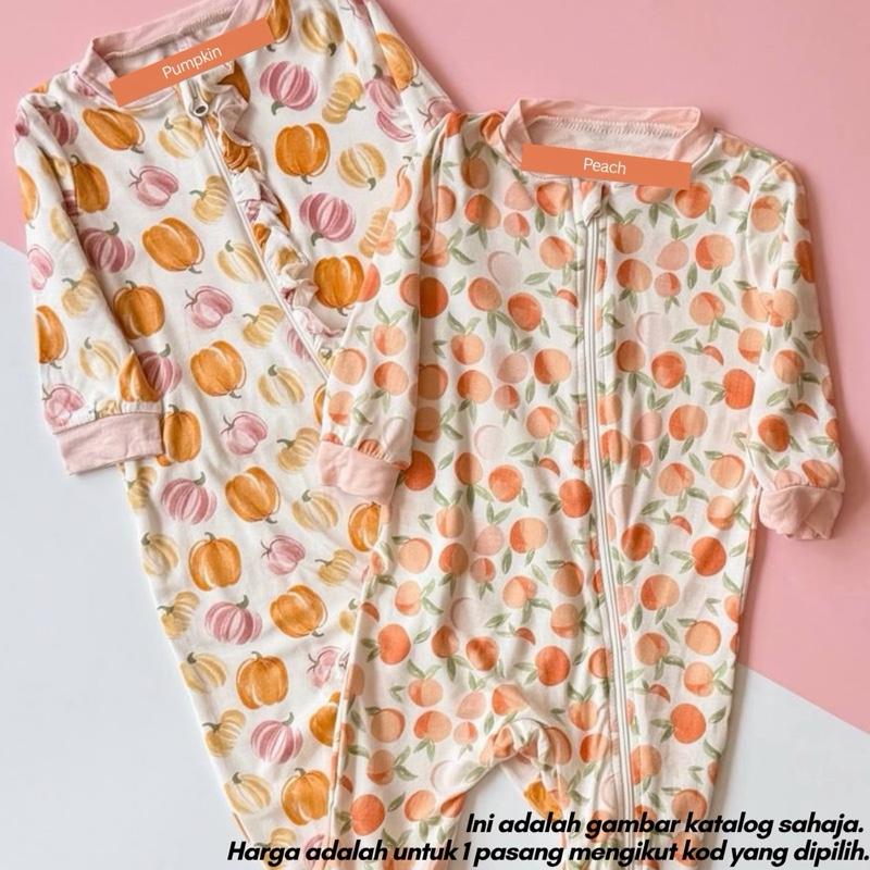 Bamboo baby sleepsuit with double zipper, Pumpkin design