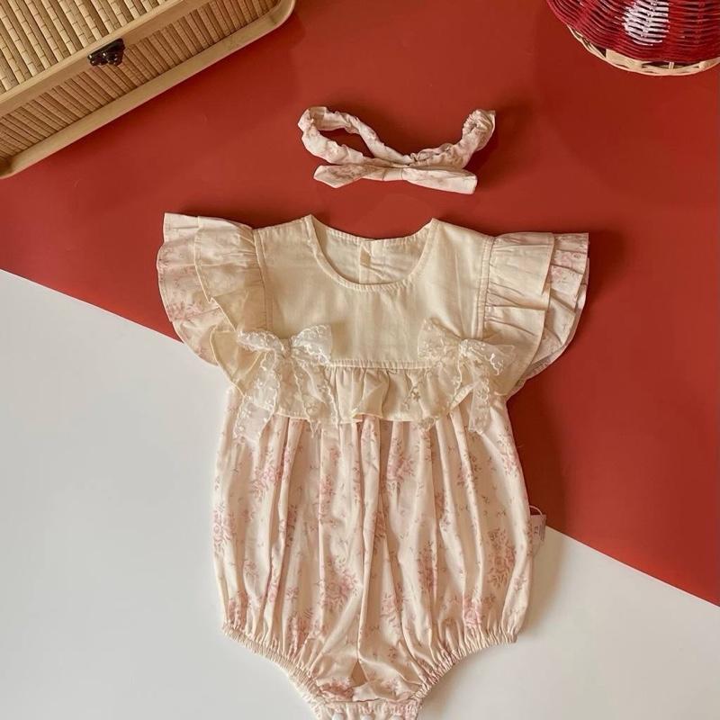 Baby girl cotton romper with headband, Light Roses design