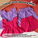 Baby girl plaid sleeveless pants set in purple or pink, baju set budak perempuan