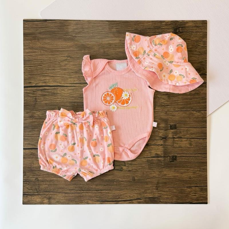 Baby girl 3-in-1 romper set with pants and hat, 0-9 months