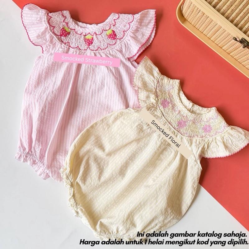 Poppy cotton baby romper, Smocked Strawberry design