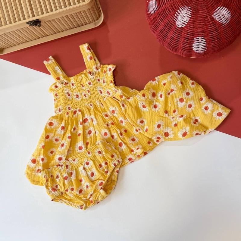 Baby girl sleeveless 3-in-1 cotton dress set, Sunflower design
