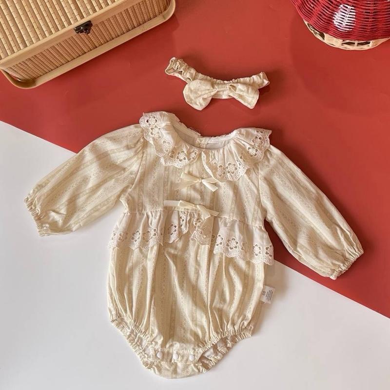 Baby girl cotton romper with headband, Cream Vintage design