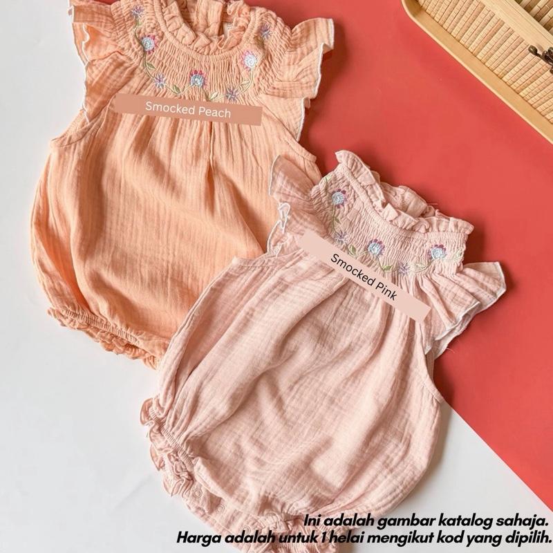 Poppy cotton baby romper, Smocked Pink design