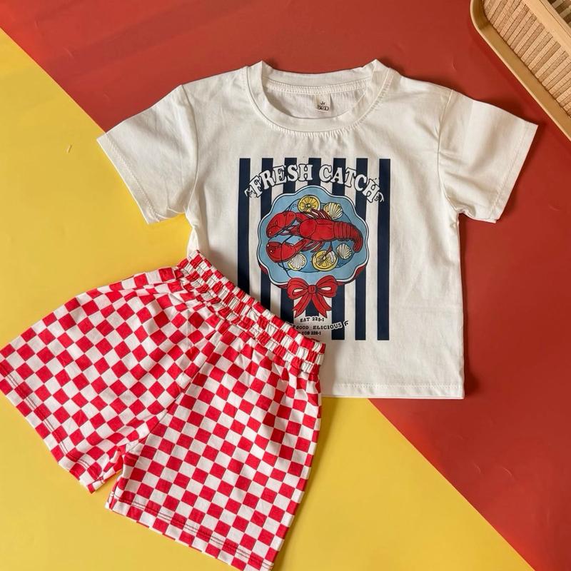 [1Y-7Y] Kids Playset Baju Jalan Cotton Lobster Checkered Red