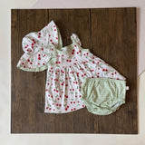 Baby girl 3-in-1 sleeveless dress set, Cherries Green design