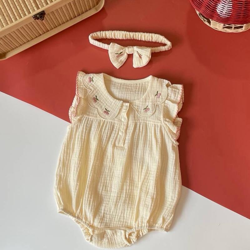 Baby girl cotton romper with headband, Cherry Cream design