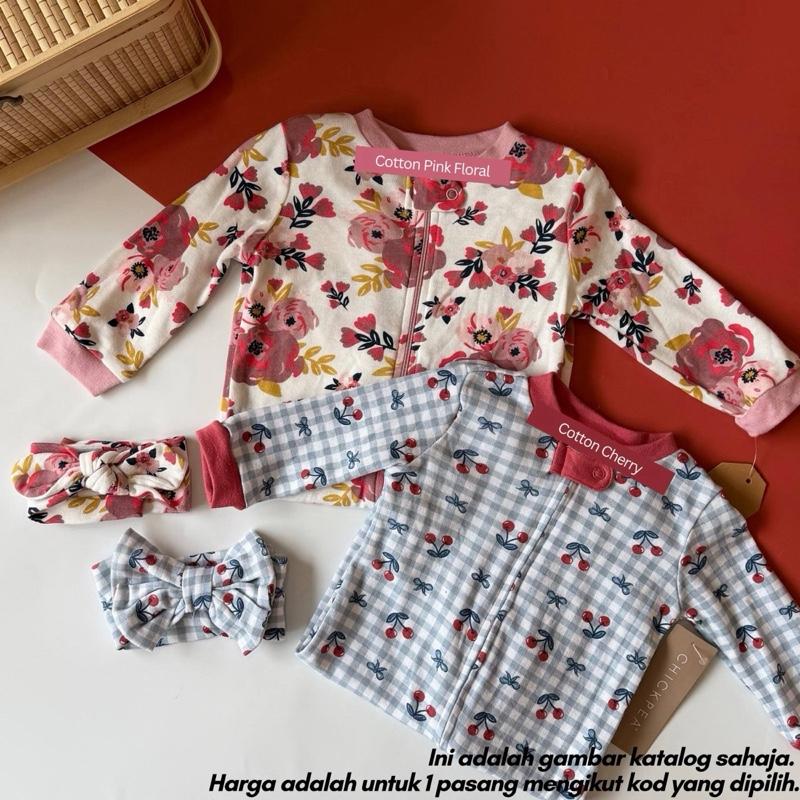 Baby sleepsuit with socks and headband, Cotton Cherry design