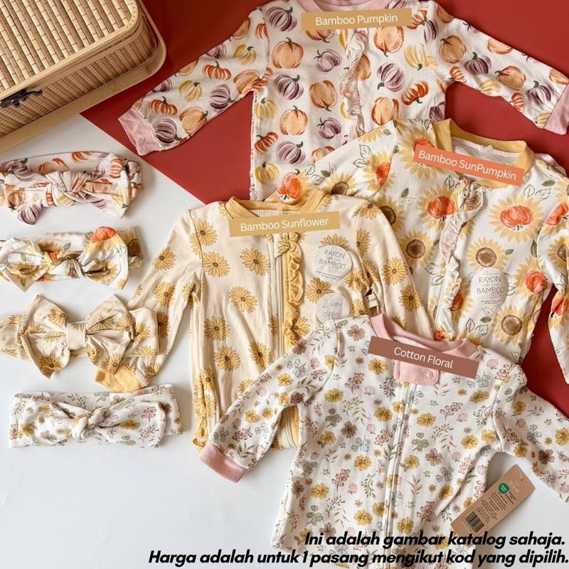 Baby sleepsuit with socks and headband, Bamboo Sunflower design