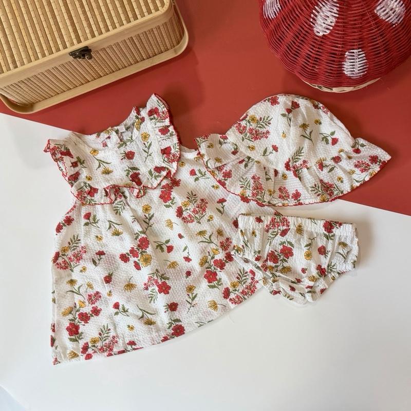 Baby girl sleeveless 3-in-1 cotton dress set, Red Daisy design