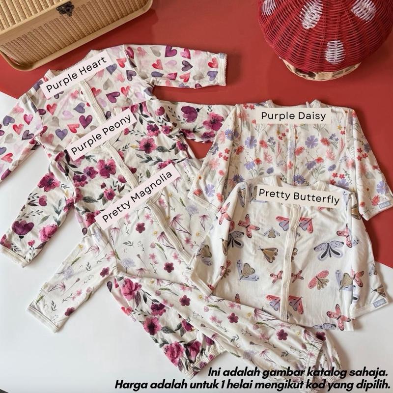 Tencel baby jumpsuit full button 3–6M, Pretty Magnolia design