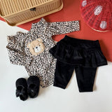Baby girl 3-in-1 romper set with pants and shoes, Teddy Leopard design