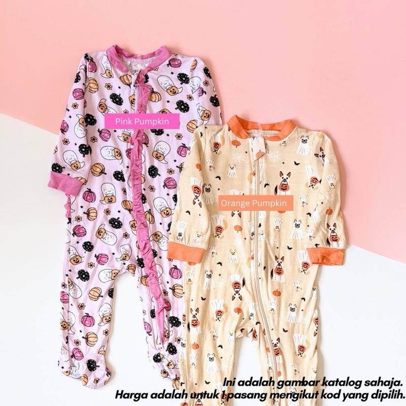 Bamboo baby sleepsuit with double zipper, Pink Pumpkin design