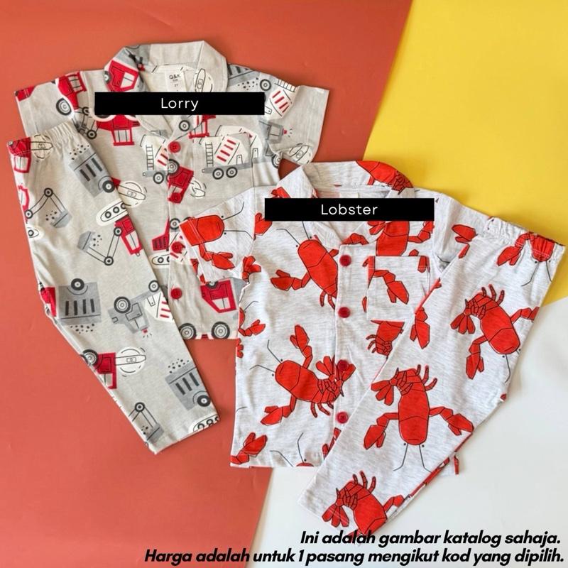 Kids 100% Cotton Button Pyjamas Set (2Y–12Y) | Baju Tidur Budak