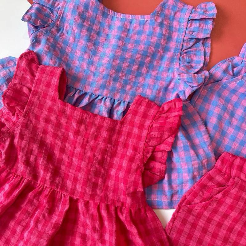 Baby girl plaid sleeveless pants set in purple or pink, baju set budak perempuan